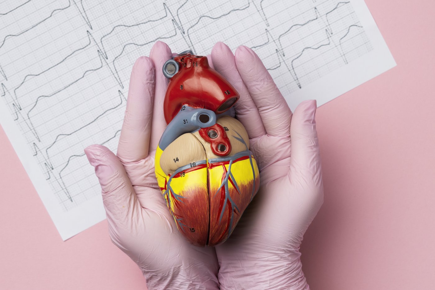 Coração anatômico sobre um traçado de eletrocardiograma, ilustrando a avaliação cardiológica